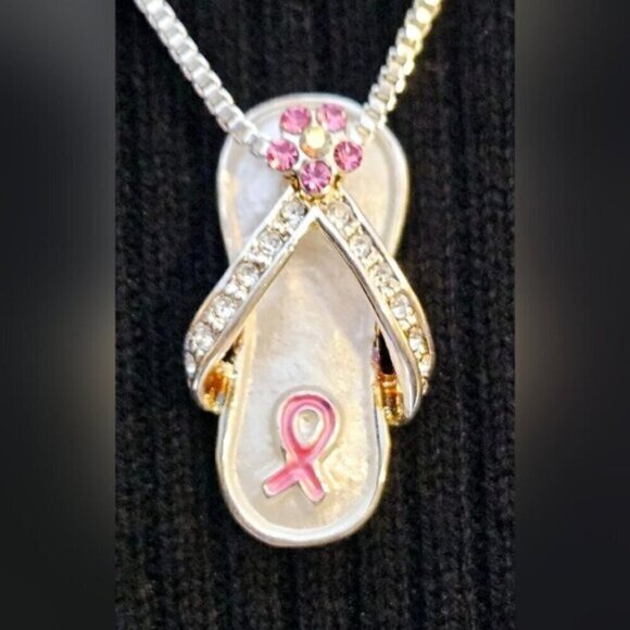 Pink Ribbon Breast Cancer Awareness Flip Flop Pendant Necklace Silvertone - Picture 6 of 7